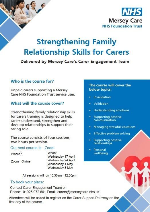 Mersey Care’s Carer Engagement Team would like to invite you to attend their online Strengthening Family Relationship Skills for Carers course. To book a place contact the Carer Engagement Team on: Phone: 01925 972 801 Email: carers@merseycare.nhs.uk #healthwatchsefton #sefton