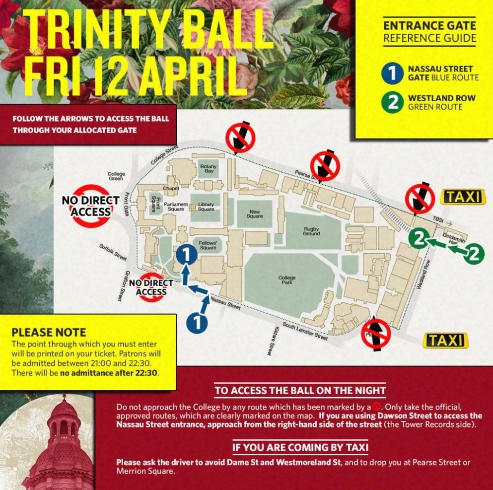 #TrinityBall 2024 kicks off tonight with gates opening at 9pm. Green Ticket holders enter at Westland Row and Blue Ticket Holders enter at Nassau St. Remember all entrances close at 10.30pm. Have a ball!