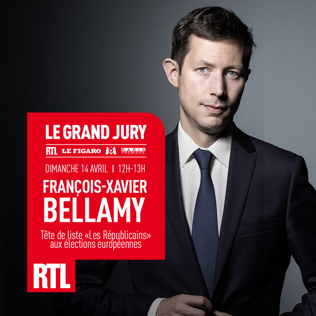 🔴 La tête de liste Les Républicains aux élections européennes @fxbellamy sera l'invité du Grand Jury #RTL @Le_Figaro @ParisPremiere @m6info de 12H à 13H 📻 Il répondra aux questions d'@olivierbost, @paulineB et @jimjarrasse 🎙️