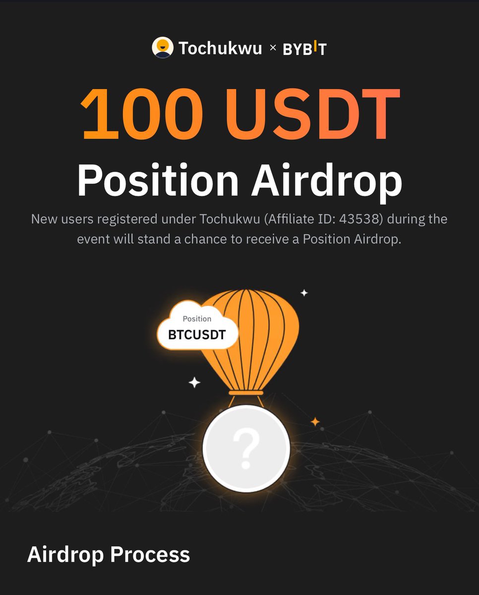 I am giving out 100$ each to the first 500 people to register on bybit through this link below 👇🏿 partner.bybitglobal.com/b/AFF240411024… Register, deposit a 100$ and claim a 100$ position airdrop Good luck 👍🏿 😊