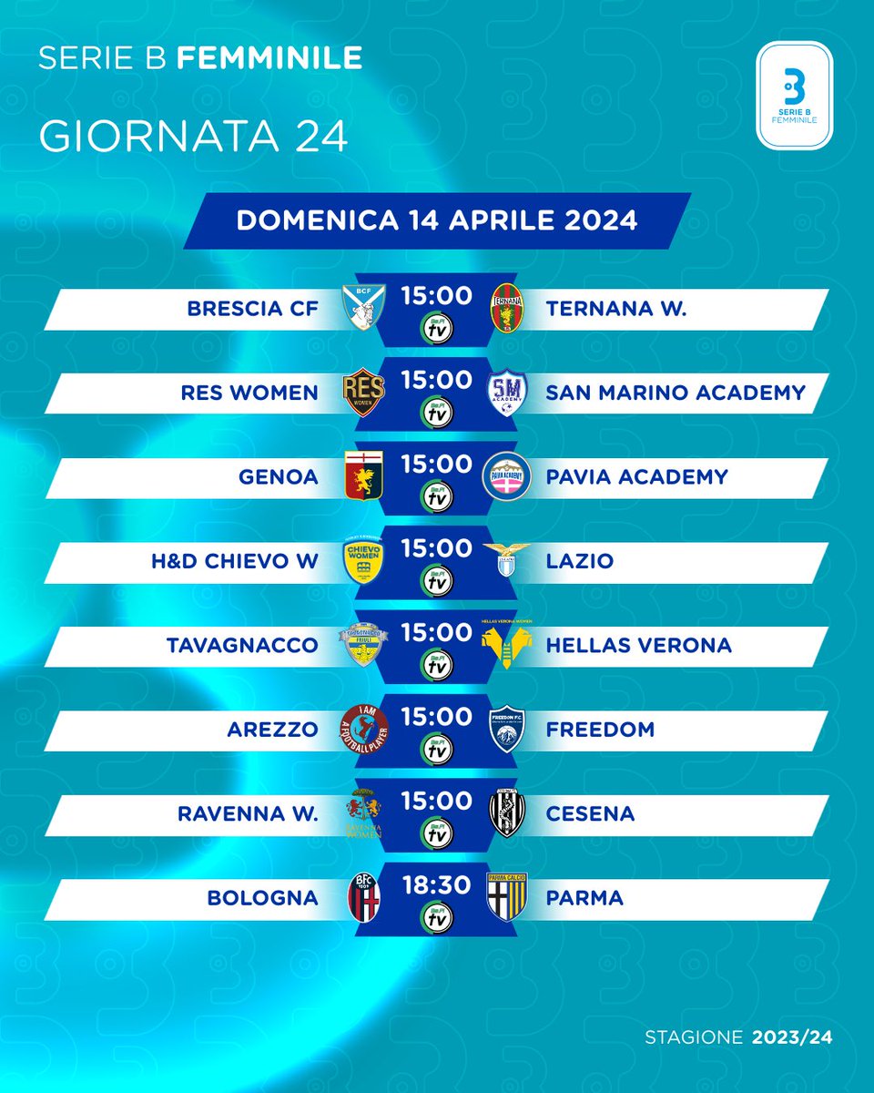 🅱️ 𝗙𝗜𝗫𝗧𝗨𝗥𝗘𝗦 | 🗓️ 24ª giornata Il derby tra Ravenna e Cesena, il big match tra Brescia e Ternana, quello tra Chievo e Lazio, insomma: per questo weekend di Serie B Femminile c’è solo l’imbarazzo della scelta 🔥 📺 Be.Pi Tv #SerieBfemminile ❤️‍🔥