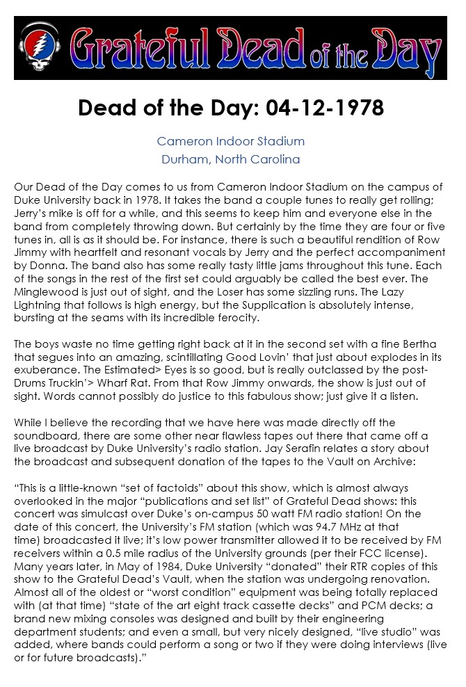 #UpNext on GDRADIO.NET
(at around 5:15pm eastern / 2:15pm pacific)
★ 1978-04-12 at the Cameron Indoor Stadium in Durham, NC ★
#OTD #DeadOTD #DeadHeads #GratefulDead #gratefuldeadmusic
(content courtesy of gratefuldeadoftheday.com)