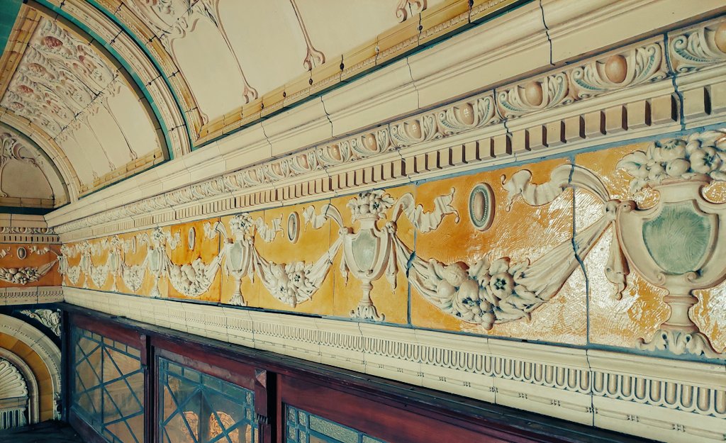 #FaienceonFriday #MorecambeWinterGardens More fabulous ceramic from Morecambe. Unfortunately, this impressive frieze is partially hidden above the revolving doors installed in the 1930s. The ceramic panels above curve up to the ceiling.