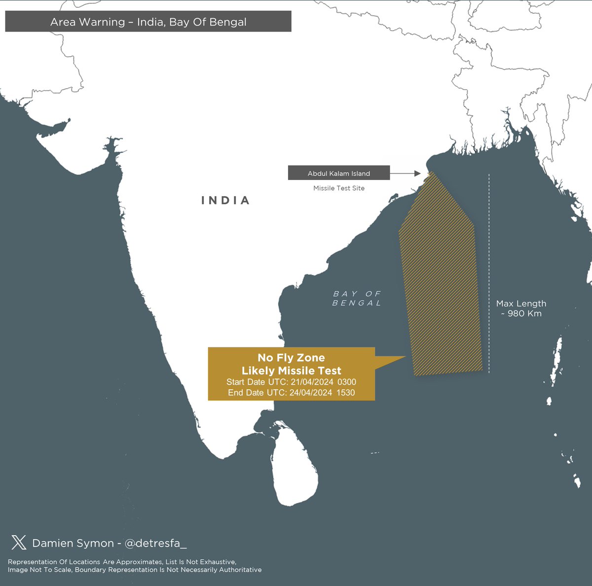 #AreaWarning #India issues a notification for a no fly zone over the Bay Of Bengal Region indicative of a likely missile test - Date | 21-24 April 2024