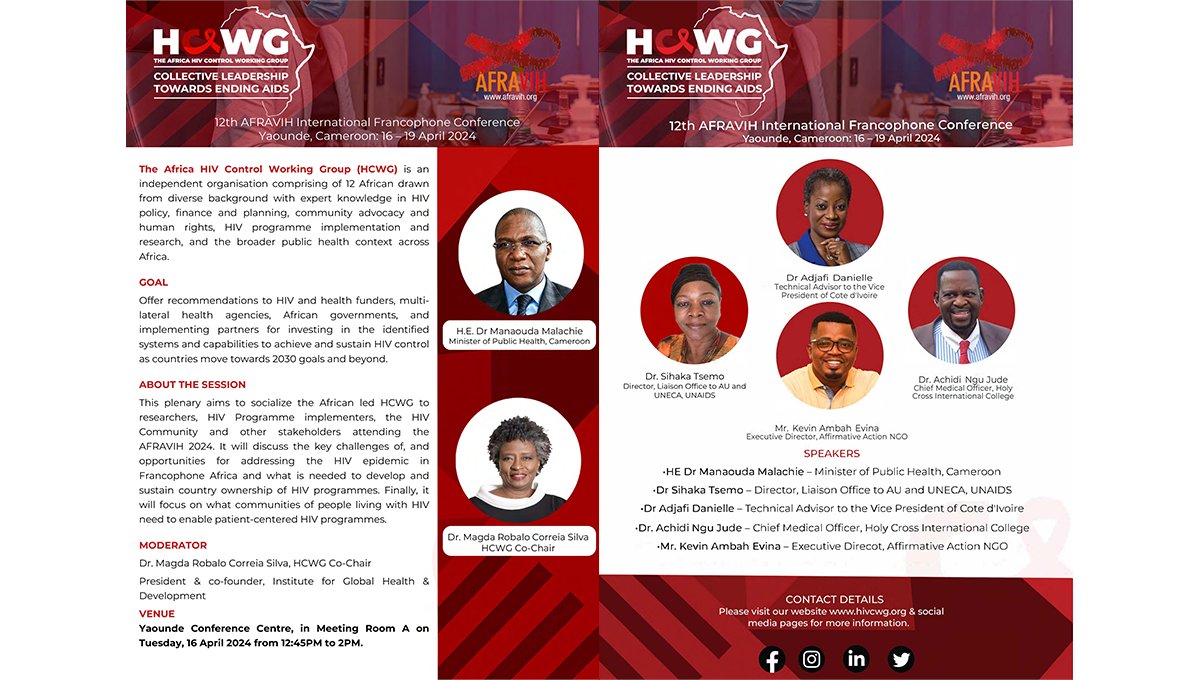 #ComingSoon: @HIV_CWG is set to present a plenary session at @AFRAVIH Conference 16-19 April 2024, to introduce the group to researchers, programme implementers & stakeholders. #HCWG is made up of 12 experts & aims to develop a shared vision for Africa's sustainable #HIVresponse.