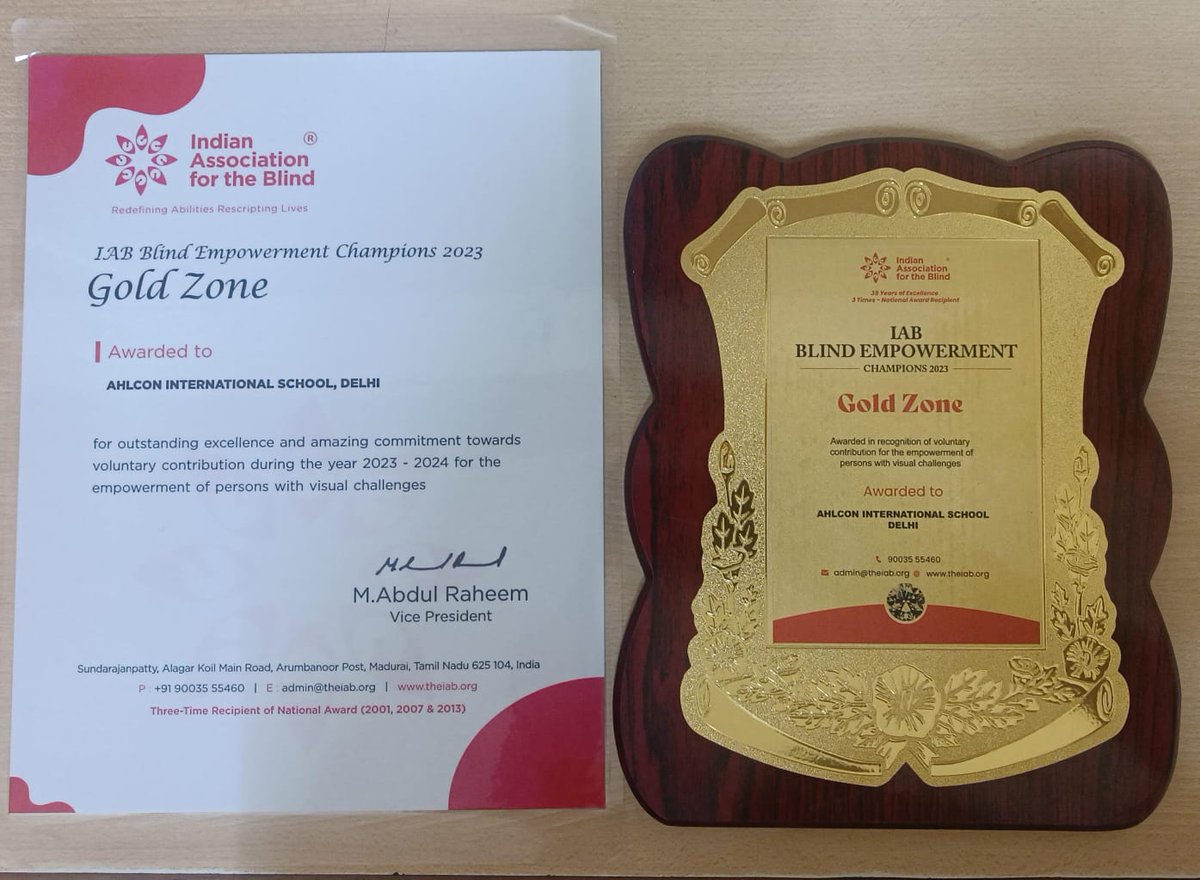 #AhlconIntl received the trophy n certificate from Indian Association for the Blind, Madurai, Tamil Nadu for coming into the Gold Zone. @ashokkp @y_sanjay @pntduggal @kandhari_ekta @sunandask21 @Kavita_hm @ShandilyaPooja @Ritika1977 @cbseindia29 @Dir_Education