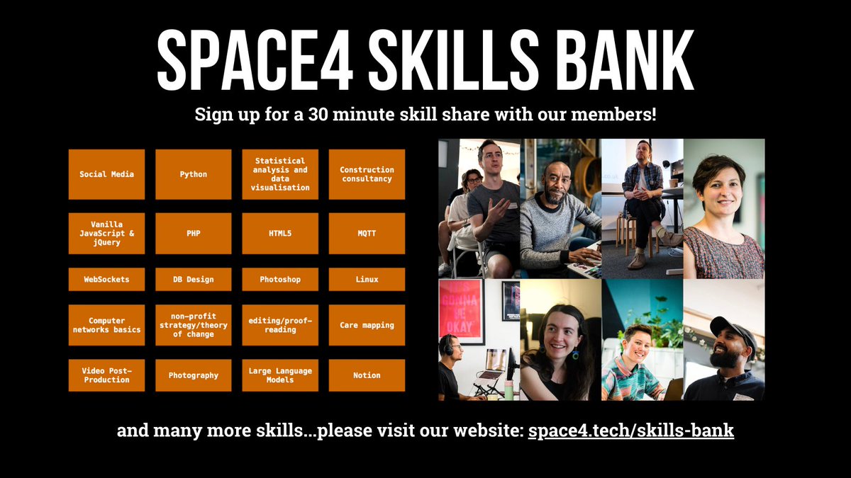 Join our skills bank and learn a new skill! It's very simple to use. Sign up, pick a skill or two you'd like to learn and get connected to one of our members! Or offer to teach one! Everything you need to know 👉🏽space4.tech/skills-bank