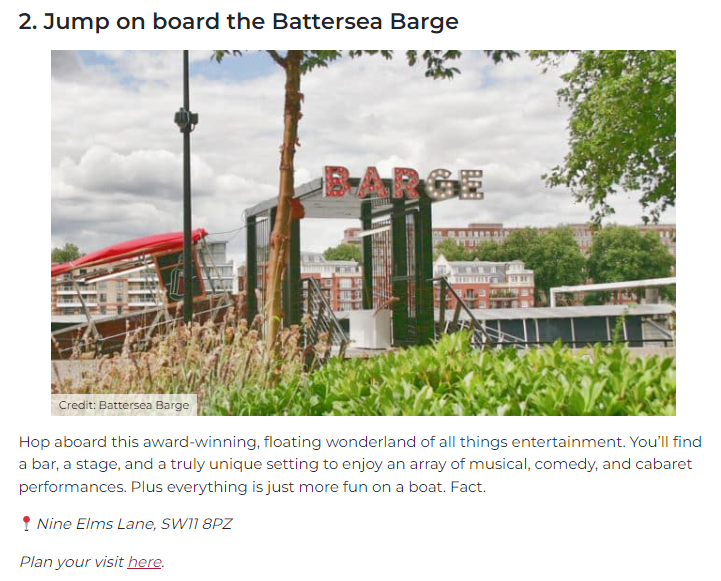 Battersea Barge (@batterseabarge) on Twitter photo A big boaty thank you to the lovely folks at <a href="/Secret_LDN/">Secret London</a> for featuring us in their '17 Brilliant Things To Do In Battersea' list ❤️
"Hop aboard this award-winning, floating wonderland of all things entertainment. Everything is just more fun on a boat. Fact." A big boaty thank you to the lovely folks at <a href="/Secret_LDN/">Secret London</a> for featuring us in their '17 Brilliant Things To Do In Battersea' list ❤️
"Hop aboard this award-winning, floating wonderland of all things entertainment. Everything is just more fun on a boat. Fact."