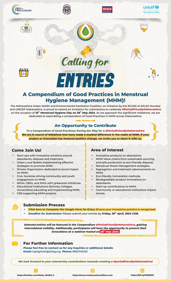 Calling #menstrual champions in #Maharashtra! Submit your impactful practices for the #PeriodFriendlyMaharashtra Compendium. Gain recognition & be part of the solution!

➡️Link: forms.gle/z9ZQuXMmfnRZvE…

#MenstruationMatters #PeriodFriendlyWorld