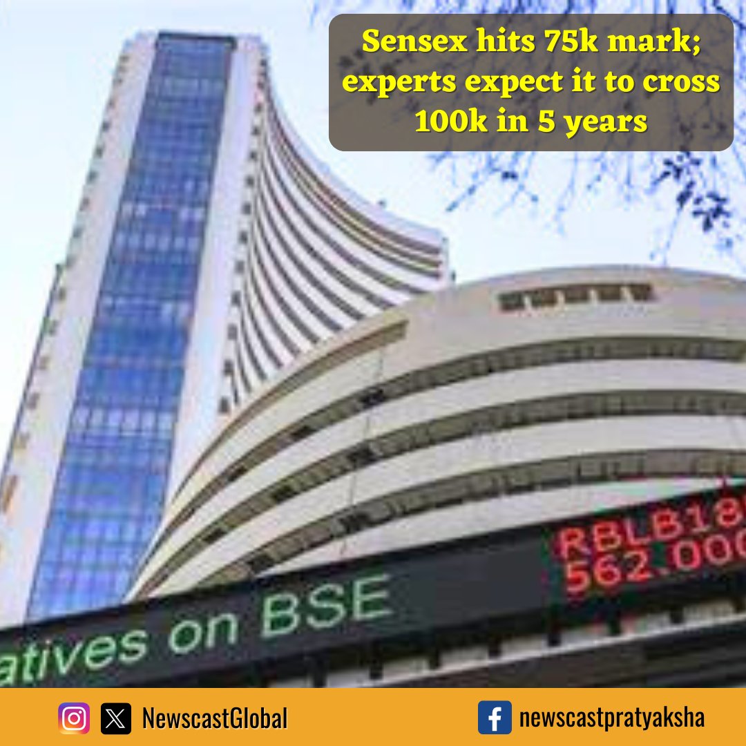 In a first, #BSE crossed 75,000. Indicators show market will continue to be bullish. #IndianEconomy’ strong performance is attracting #investors widely. With growth in trade, demand, exports, etc, companies see increased profits. Analysts thus predict BSE to cross 1 lakh in 5 yrs
