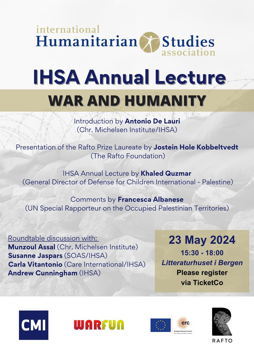 💡 IHSA is excited to invite you to the first #IHSAAnnualLecture '#WarAndHumanity', with the lecture being given by Khaled Quzmar, general director of @DCIPalestine. Register ➡ bit.ly/WarAndHumanity More information below 👇 @FranceskAlbs @UN