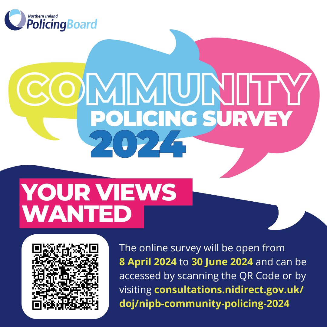 The @NIPolicingBoard wants to hear your views on the delivery of our policing services and how we engage with local communities. Share your feedback in the #CommunityPolicingSurvey2024 by scanning the QR code or to find out more visit orlo.uk/IgN83