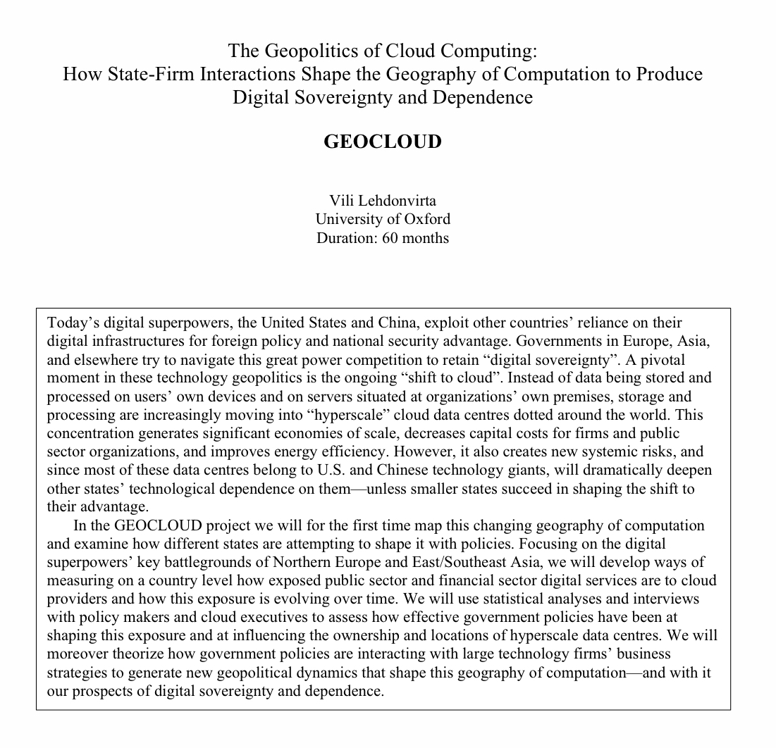 I won an ERC grant on the geopolitics of cloud computing! Thanks to everyone who advised me on this topic. With this and other grants I'm building up a multidisciplinary research group on tech geopolitics. Postdoc & PhD jobs opening towards year end. Feel free to drop me email.