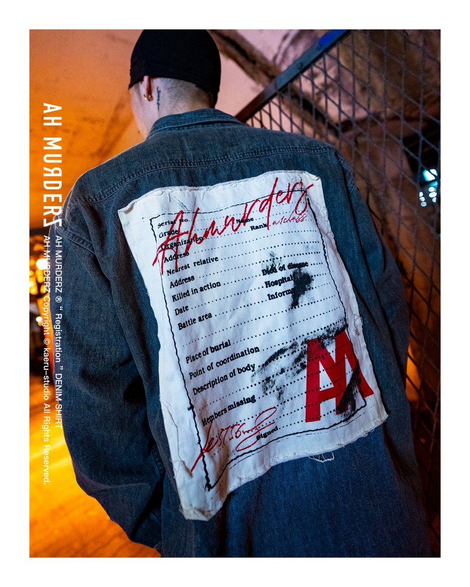 !!!!! 4.15 mon 19:00 発売 !!!!! AH MURDERZ “ Registration “ DENIM SHIRT Color : BLUE DENIM / BLACK DENIM Size : M / L / XL / XXL Release : 4.15 mon 19:00 先行 18:30 at : AH MURDERZ model : 179cm / XL #AHMURDERZ #REDSPIDER #DENIMSHIRTS