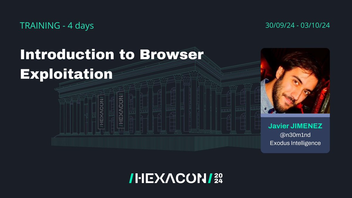 👑 As long as Javascript JIT is present, browsers will always be the supreme way to remotely pwn a device.

Delve into the quirky world of JS engine vulnerabilities and exploits with <a href="/n30m1nd/">n30m1nd</a>

➡️ hexacon.fr/trainer/jimene…
📆 30/09-03/10 2024
📍Espace Vinci, Rue des Jeuneurs, Paris