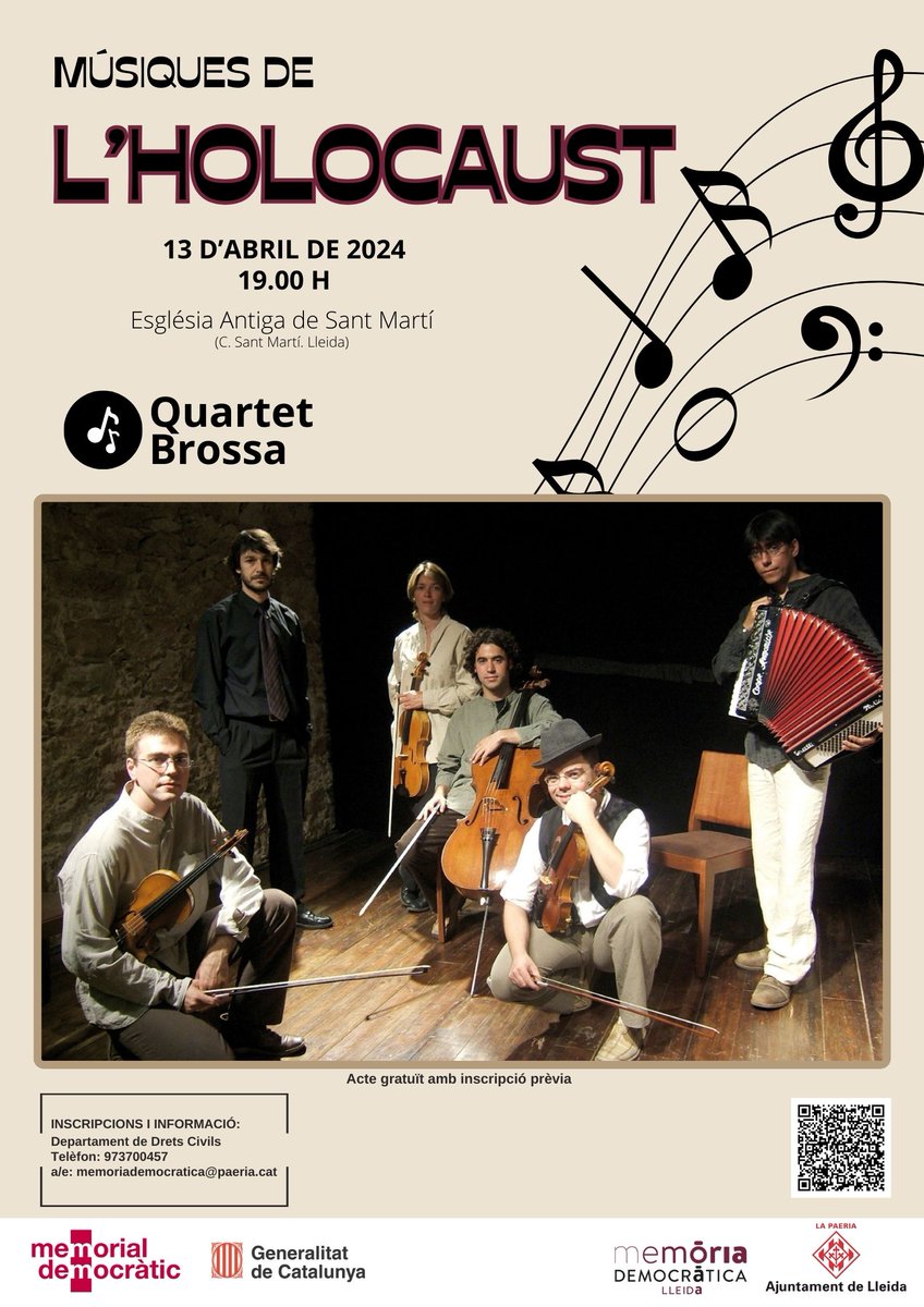 Demà, a @Lleida, podrem gaudir d'un concert especial amb el @brossaquartet. Per primera vegada a la ciutat interpretant les peces musicals del projecte 'Músiques de l'Holocaust'. Cançons creades en els camps de concentració nazis. Organitza Memòria Democràtica de @paerialleida.