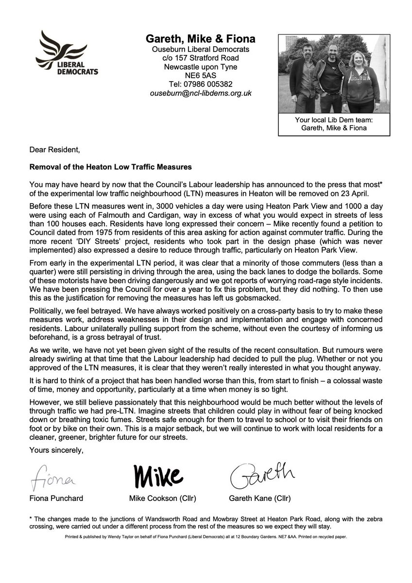 Our position on the announcement that the experimental Heaton LTN will be removed.