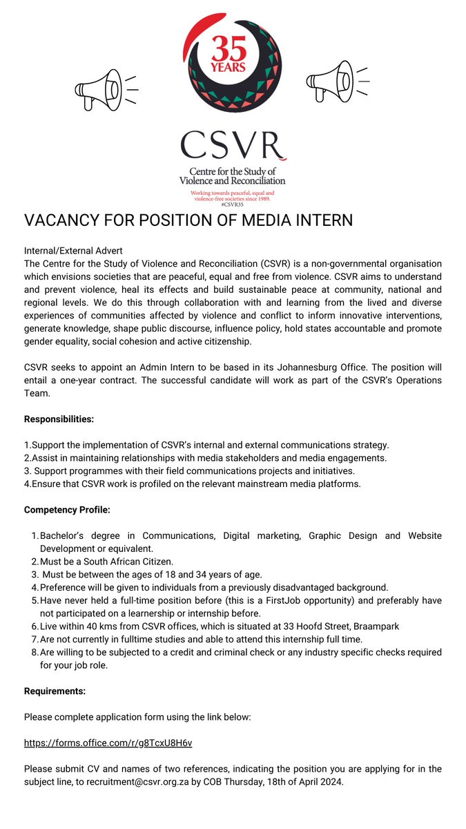 We are #Hiring CSVR seeks to appoint a Media Intern to be based in our Johannesburg offices. Submit CV to: recruitment@csvr.org.za and complete the application form: forms.office.com/r/g8TcxU8H6v 🗓️Closing date: 18 April 2024 #JobSeekersSA