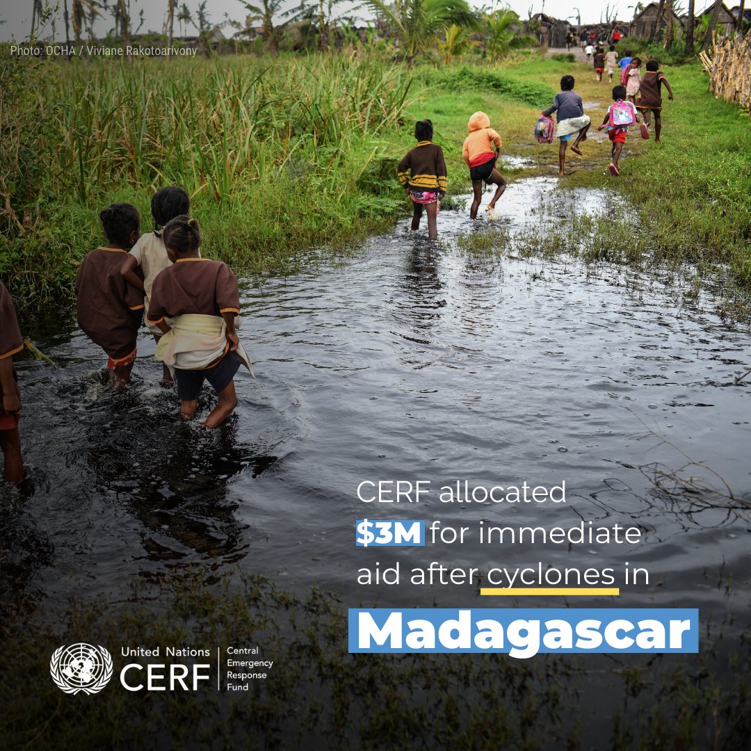 Tropical Cyclone Gamane affected over 500,000 people in remote regions of Madagascar🇲🇬, damaging homes, hospitals and farmland. @UNReliefChief allocated $3 million from @UNCERF to help people with food, water, shelter, health & critical services. Together, we #InvestInHumanity