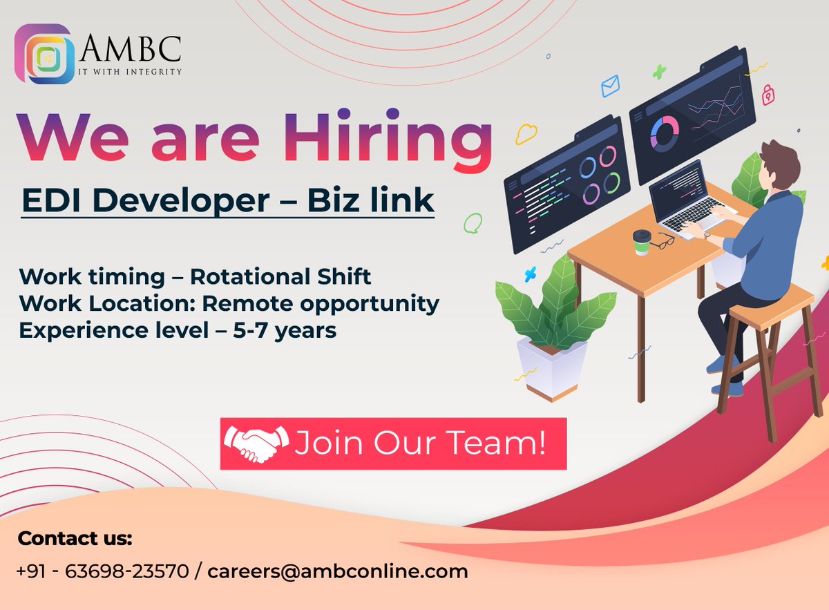 AMBCINC's tweet image. If you&apos;re passionate about #EDI development and have expertise in #BizLink, we want to hear from you!

Interested #candidates can send your resume to careers@ambconline.com / +91-63698-23570.

#ITJobs #EngineeringJobs #CareerOpportunity #Hiring #JobOpening #TechJobs