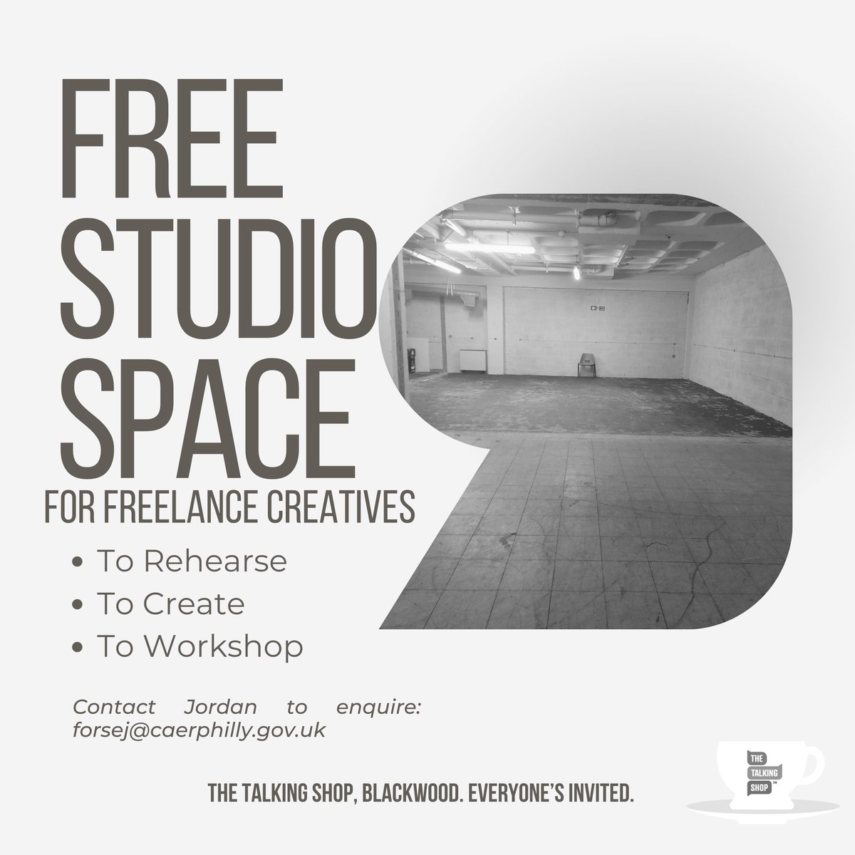 PROFESSIONAL FREELANCE CREATIVES OF CAERPHILLY COUNTY, VALLEYS & BEYOND We've got a studio space at The Talking Shop, Blackwood and we'd love you to use it, for free! Theatre, art, dance, workshops, contact Jordan today to enquire: forsej@caerphilly.gov.uk #EveryonesInvited