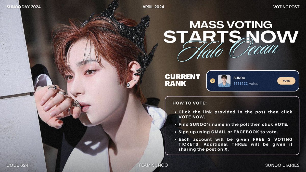 🗳 | 240412 • HALO OCEAN MASS VOTING STARTS NOW! 🔥 Cast your votes for #SUNOO and win him an ad for his birthday! 📊 Current Rank: #3 🚨 🖇 Vote here: haloocean.com/?sid=08h5b15e ✅ Three voting 🎟's /day by logging in ✅ Create more accounts and encourage everyone to vote