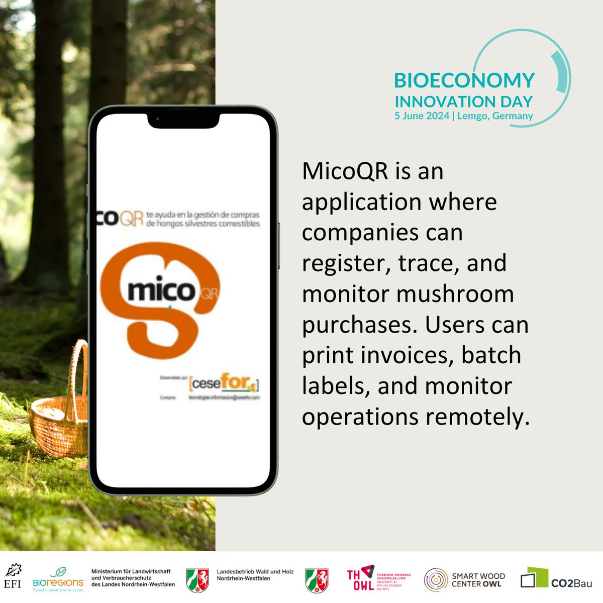 📣 Meet our speakers & innovators! 👇 Learn more about @FCesefor's MicoQR at the Bioeconomy Innovation Day 2024 event in Lemgo, Germany, on 5 June. 🎟 Get your ticket and see you in Lemgo! bioregions.efi.int/bioeconomy-inn… @europeanforest @WaldundHolzNRW @THochschuleOWL