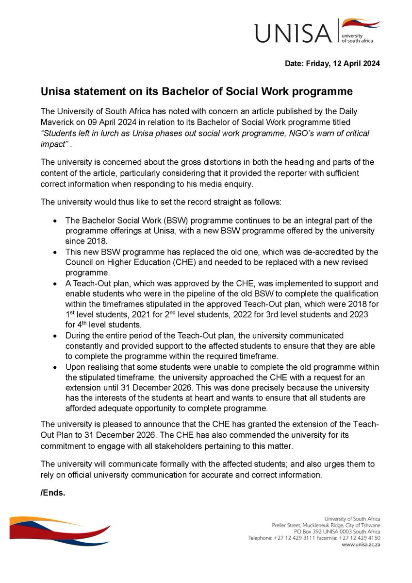 Unisa statement on its Bachelor of Social Work programme ow.ly/p6Wx50ReQSB