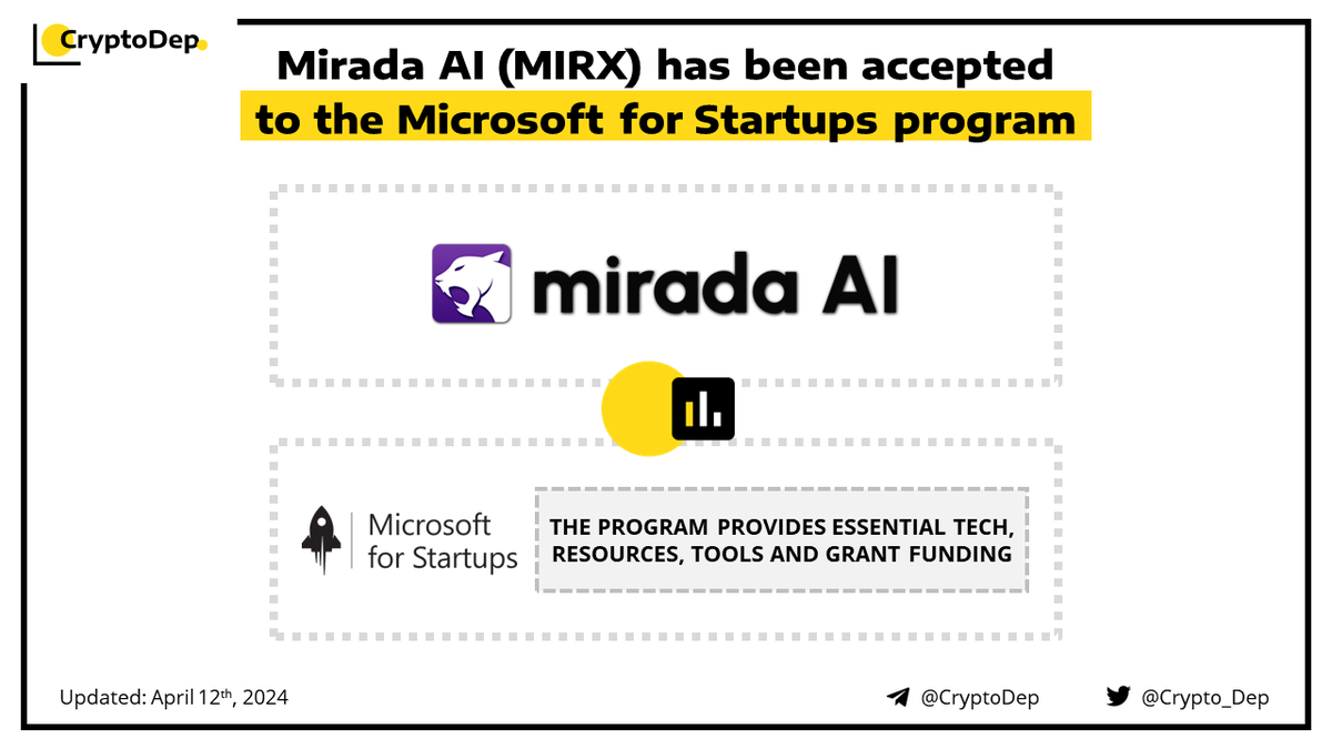 ⚡️ @MiradaAI $MIRX has been accepted to the @Microsoft for Startups program Mirada AI joins the @Msft4startups program, the initiative by Microsoft is designed to support startups specializing in #AI, providing them with the tools and guidance needed to drive innovation. Through…