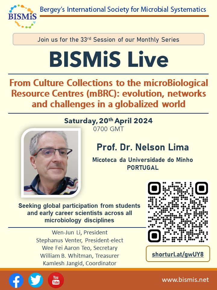 Nelson Lima will discuss the evolution of culture collections to microBiological Resource Centres at the next #BISMiS_Live session. Register at shorturl.at/gwUY8 @Leibniz_DSMZ_en @MIRRI_live @ari_pune @mcm_aripune @CCUG_Sweden @BccmCollections