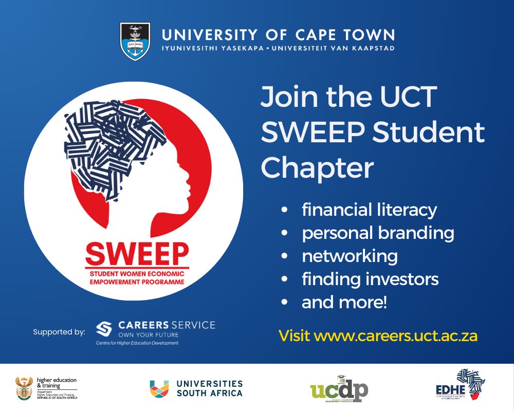 Calling all women students! Join the UCT SWEEP Student Chapter to learn about financial literacy, personal branding, networking, finding investors and more! Click here for more information - careers.uct.ac.za/entrepreneursh…