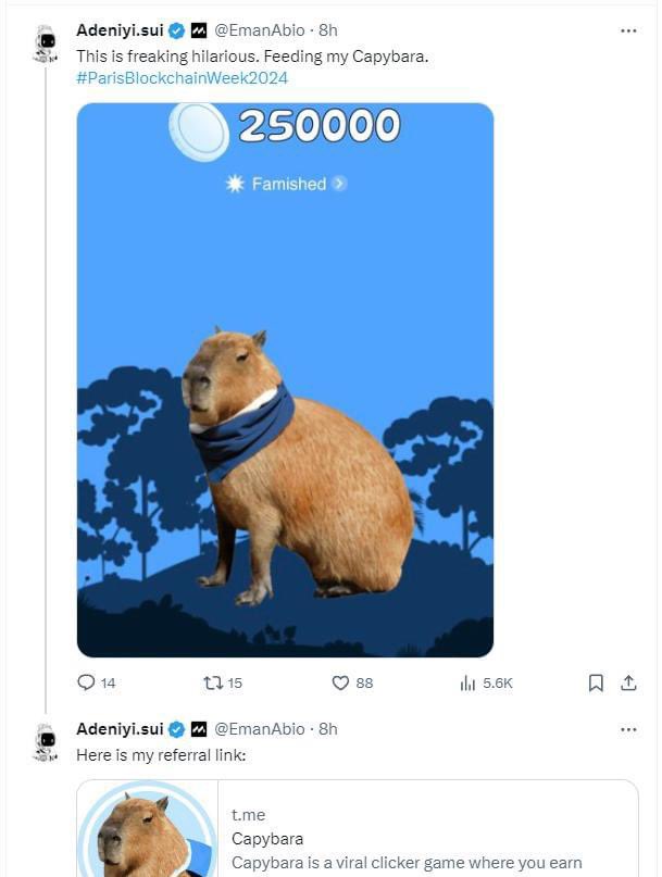 LẠI CÓ KÈO KIẾM TIỀN CHÍNH CHỦ CỦA BLOCKCHAIN TỶ ĐÔ BAO NGON BAO AIRDROP CHO AE ĐÂY!
🔥 Cuối cùng thì #Sui cũng ko thoát dc “miếng bánh” hệ #Ton có sẵn hàng trăm triệu user. Nay “mới” có app “đào” trên Tele mang tên Capybara - trùng tên bộ NFT chính chủ của hệ Sui