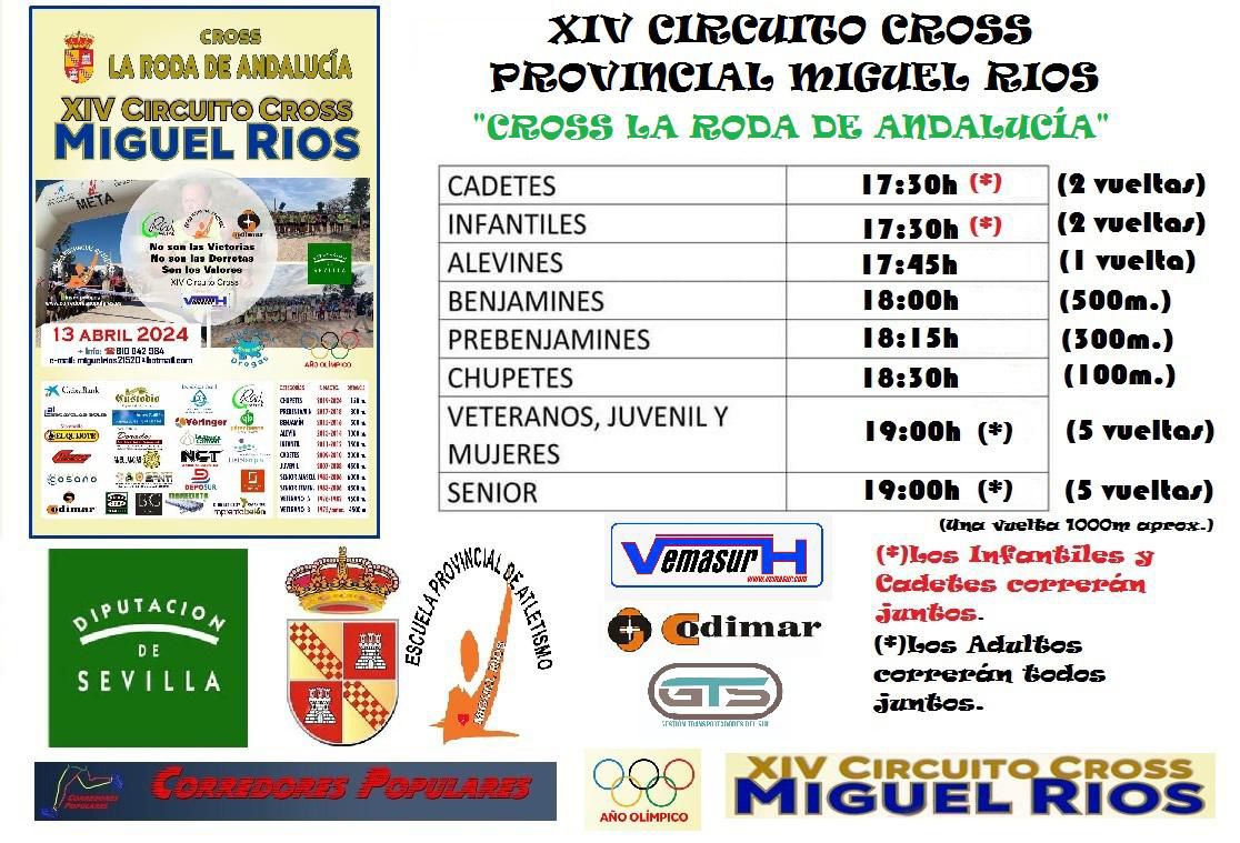 Mañana sábado  13 de Abril se va a celebrar la segunda jornada del XIV Circuito de Cross Miguel Ríos en #larodadeandalucia  Os dejamos los horarios previstos de comienzo de la prueba para cada una de las categorías. #LaRodaSomosTodos #VivirLaRoda