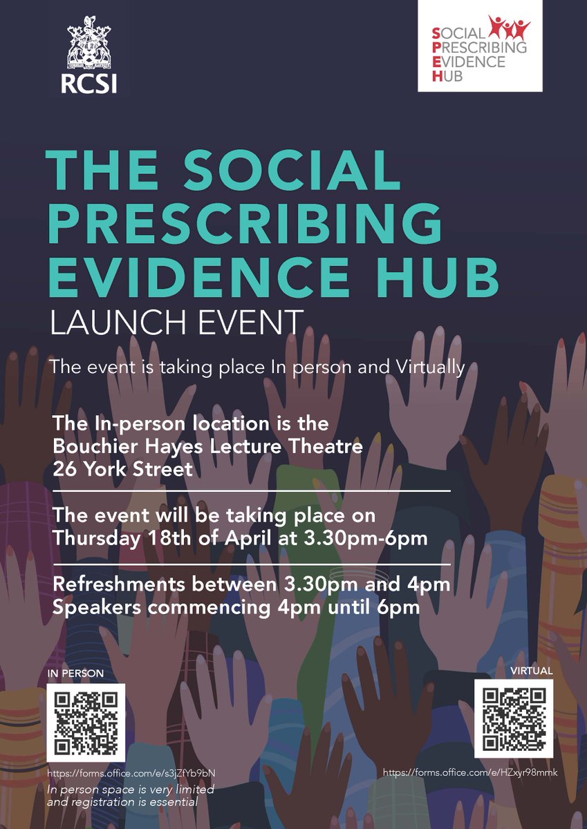 The @RCSI_FacNurMid is launching a new virtual #SocialPrescribing Evidence Hub. Register now for the launch event taking place on 18 April in person at RCSI 26 York Street and virtually. 🔹 In-person event: forms.office.com/pages/response… 🔹 Virtual event: forms.office.com/pages/response…