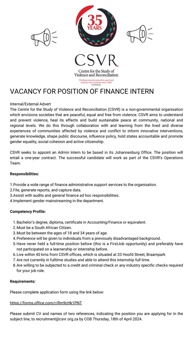 We are #Hiring CSVR seeks to appoint a Finance Intern to be based at our Johannesburg offices. Submit CV to: recruitment@csvr.org.za and complete the application form: forms.office.com/r/Rm9cHk1PNT 🗓️Closing date: 18 April 2024 #JobSeekersSA