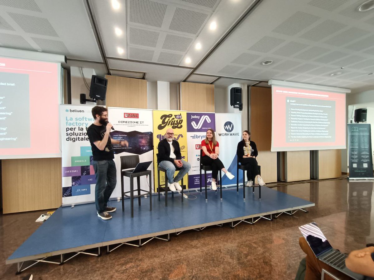 'Beyond Code: navigating the software developer role evolution'. A panel with Marco Cedaro @lucamezzalira, @MihaelaGhidersa and Mathilde Buenerd. #jsday24 #jsday #javascript