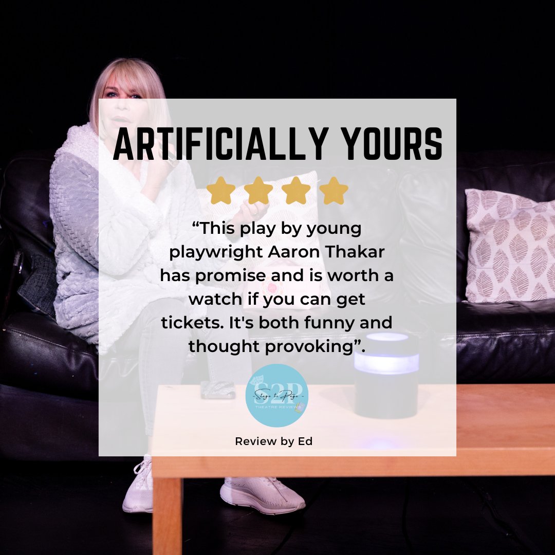 Check out our ⭐⭐⭐⭐ review of Artificially Yours 'This play by young playwright Aaron Thakar has promise and is worth a watch if you can get tickets. It's both funny and thought provoking.' Full review here: stagetopage.co.uk/2024/04/artifi… AD | gifted photo credit: Andrew Fosker