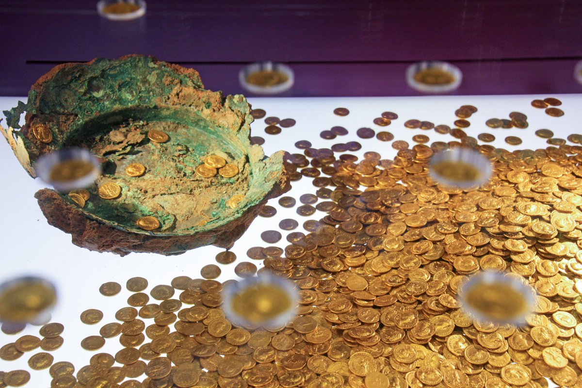 1) The massive Trier Gold Hoard: 2,516 Roman aurei coins weighing 18.5 kg, unearthed in 1993 in the cellar of a Roman administrative building of ancient Augusta Treverorum. The hoard was deposited during the Antonine Plague or 'Plague of Galen' in the late 2nd century AD..