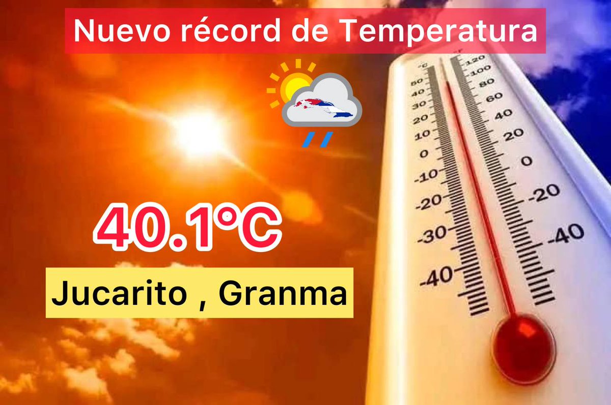 El 11 de abril, a las 3:00 pm, se registró récord de temperatura máxima para la estación meteorológica de Jucarito, la provincia Granma y el país: 40.1 ° Celsius. La máxima anterior de 39.2 °C en esa estación databa del 11 de abril del 2020 @EdMartDiaz