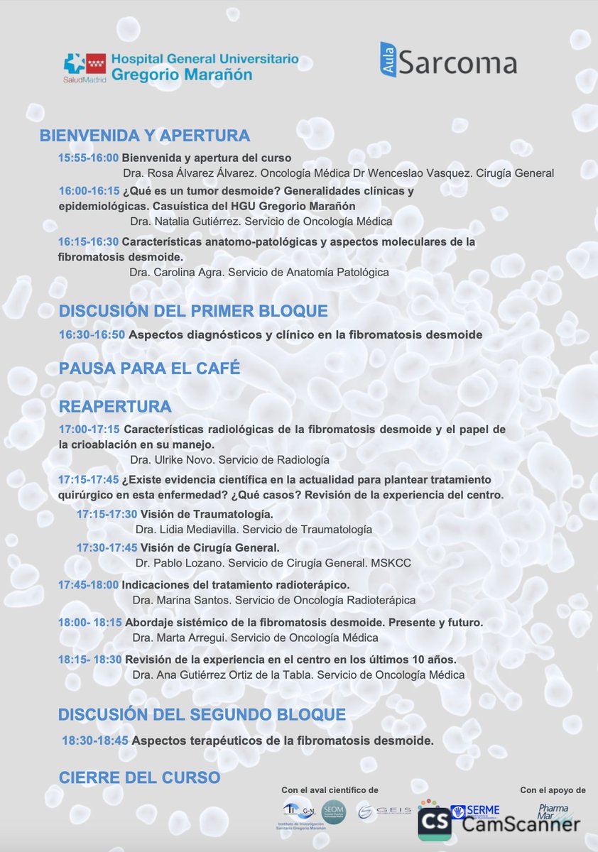 El próximo 16 de abril se celebra el curso monográfico sobre fibromatosis desmoide, organizado por el Hospital General Universitario Gregorio Marañón y la Unidad de referencia CSUR en Sarcomas. El curso está dirigido a profesionales sanitarios Inscripción: aulasarcoma.com/registro_curso…