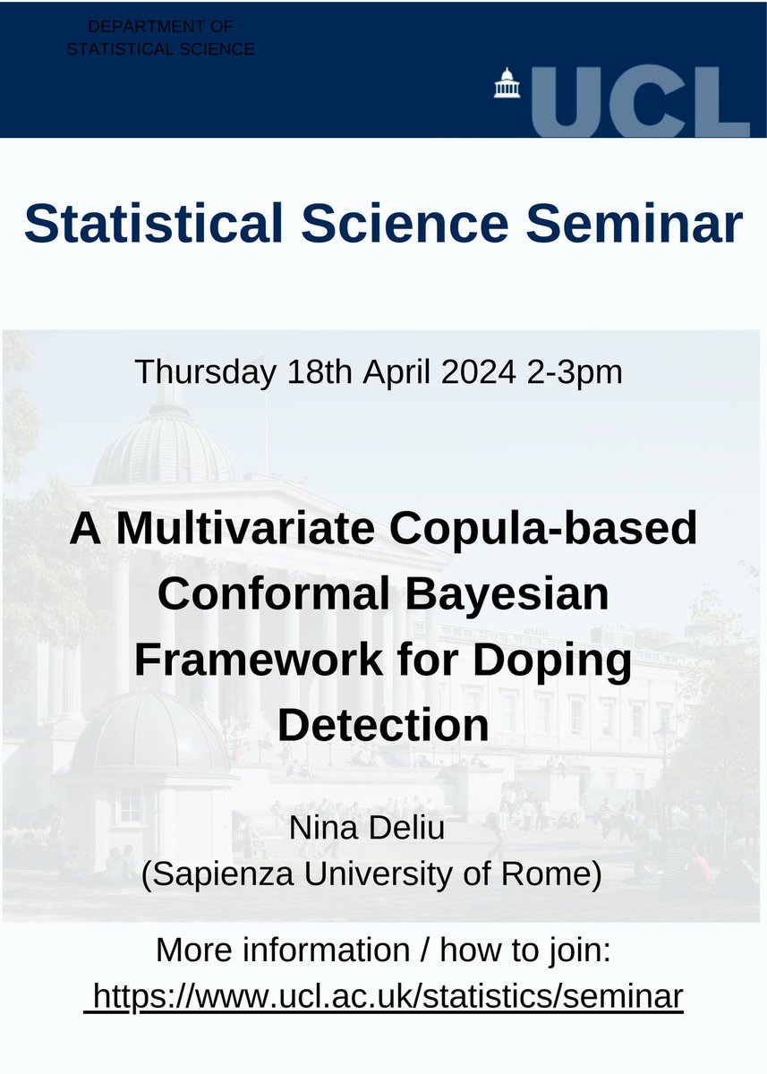 Next week's Departmental seminar will be given by Nina Deliu (Sapienza University of Rome). Time and date: Thursday 18th April 2-3pm ONLINE ONLY Link to join online: contact ( stats-seminars-join@ucl.ac.uk )