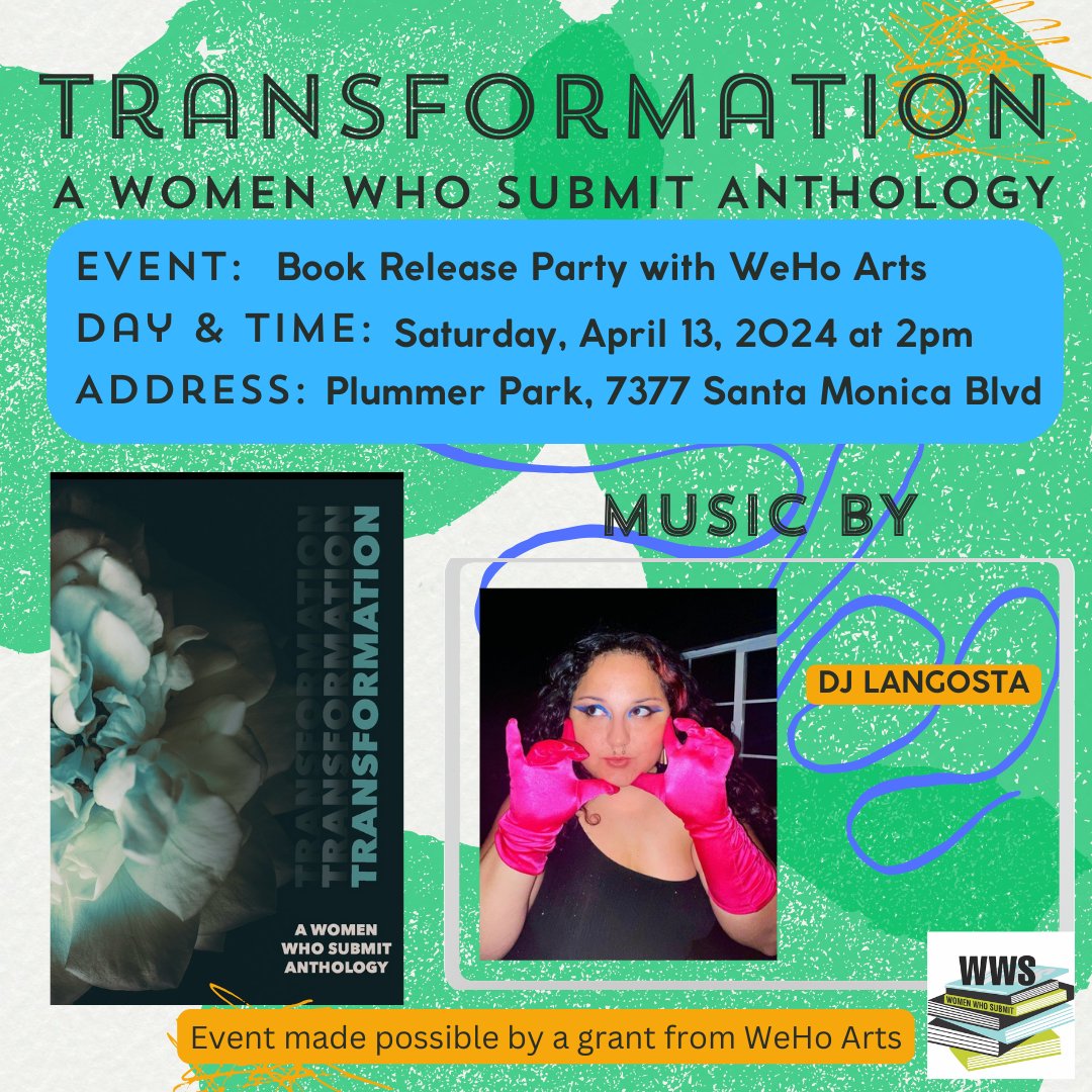 WomenWhoSubmit's tweet photo. Langosta is a dj, singer, & producer w/ roots in Colombia. She combines #beats from the global underground w/ jazz vocals to create a cyborg siren experience! Transformation: A @WomenWhoSubmit
Anthology #bookrelease party!
Saturday, 4/13, 2pm. #womenwriters #NonbinaryWriters https://t.co/Zbz6htE52s