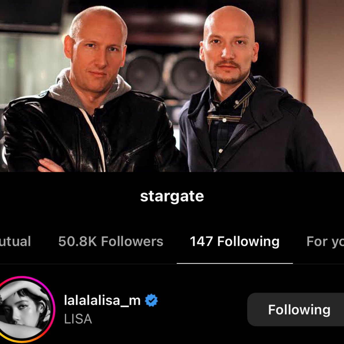 STARGATE (Mikkel Eriksen & Tor Hermansen, songwriter & producer) just followed #LISA on IG. (Since 2006, Norwegian songwriting and production duo Stargate have been storming charts around the world. In the US alone, they have enjoyed a staggering 21 top 10 hits during the last…