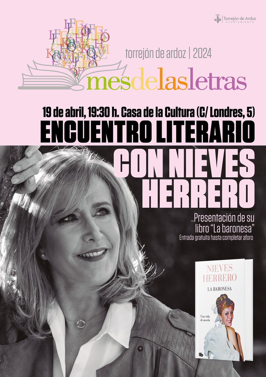 El viernes 19 de abril por el #MesDeLasLetras estaré en la Casa de la Cultura de Torrejón de Ardoz. Un encuentro literario muy interesante en el cual hablaremos de #LaBaronesa. Os espero! 📚📖