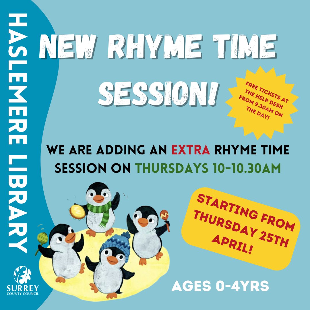 Due to increased demand, we will be adding an EXTRA Pebble Rhyme Time session EVERY Thursday starting from 25th April from 10am-10.30am.

Get your FREE ticket at the Help Desk from 9.30am on the day!

@SurreyLibrraiesUK

#Haslemere #HaslemereLibrary #WhereItHappensInHaslemere