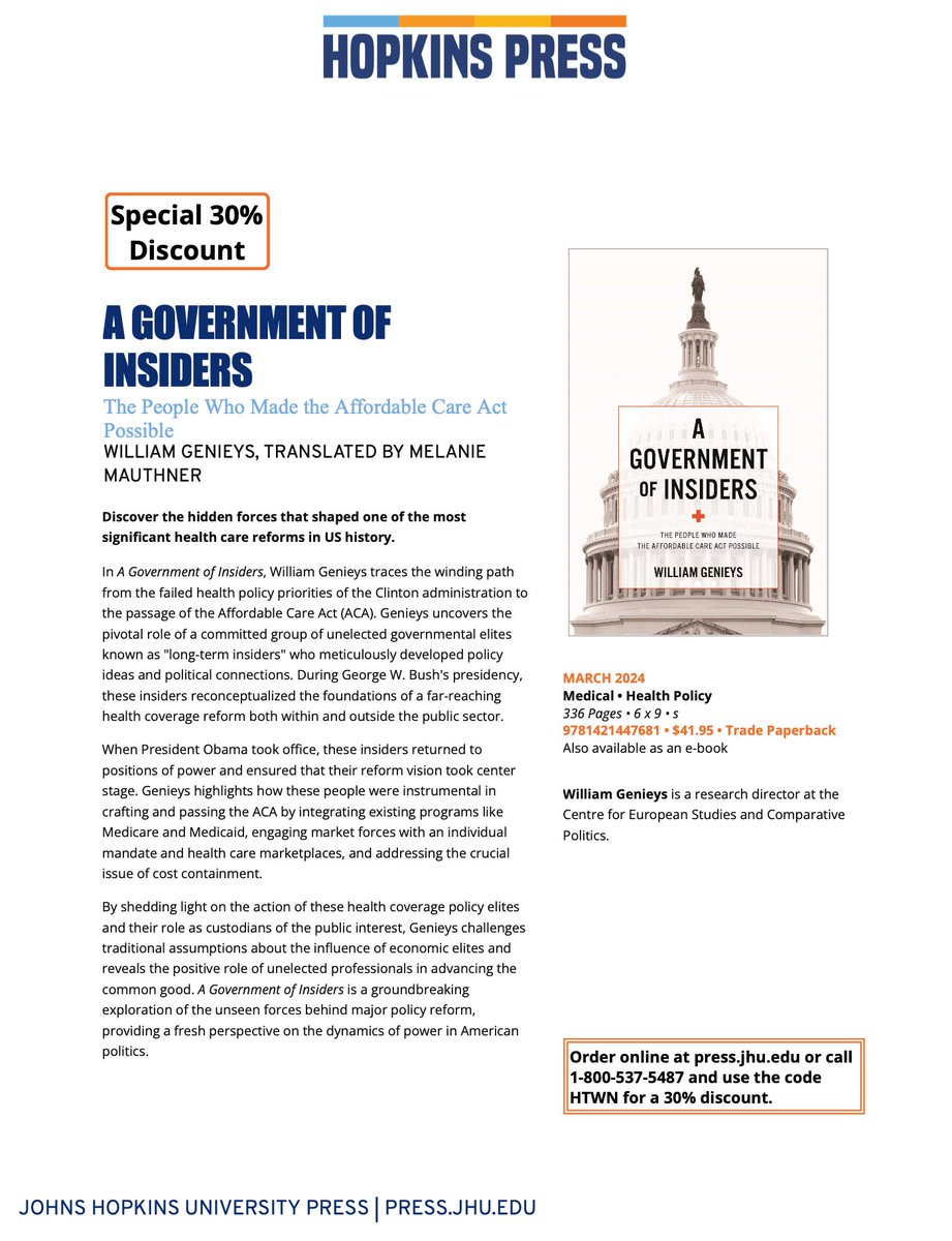 📖 A Government of Insiders. The People Who Made the Affordable Care Act Possible Par William Genieys, politiste @SciencesPo_CEE Nouveauté mars 2024 @JHUPress ⤵️ press.jhu.edu/books/title/12…