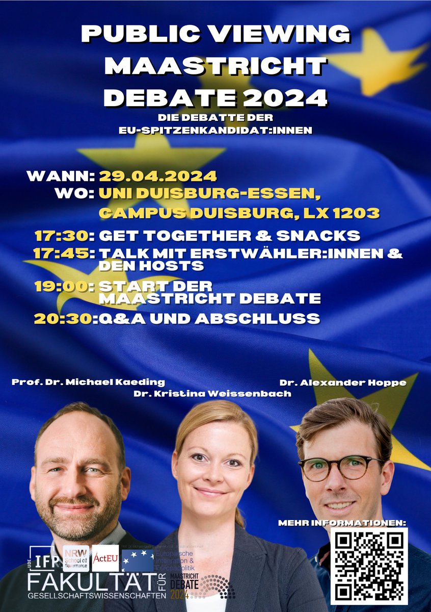 Am Montag, 29.04. 17.30-ca. 21.00 findet am Campus Duisburg @unidue ein Public Viewing zur Maastricht Debatte 2024 statt. In LX1203, mit Prof. Dr. Michael Kaeding (@ifp_ude), @k_weissenbach und @Alxhopp .