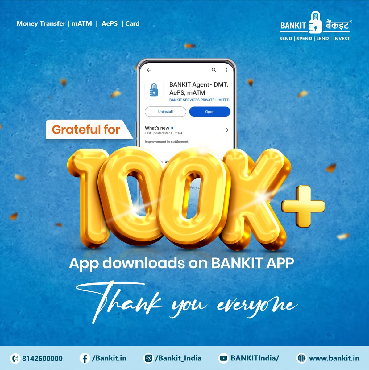 Wow! Thrilled to Reach 100k+ Downloads on BANKIT APP! Big Thanks to all for your incredible support!
#MilestoneReached #FintechRevolution #EmpoweringCommunities #BankingMadeEasy #GratefulJourney