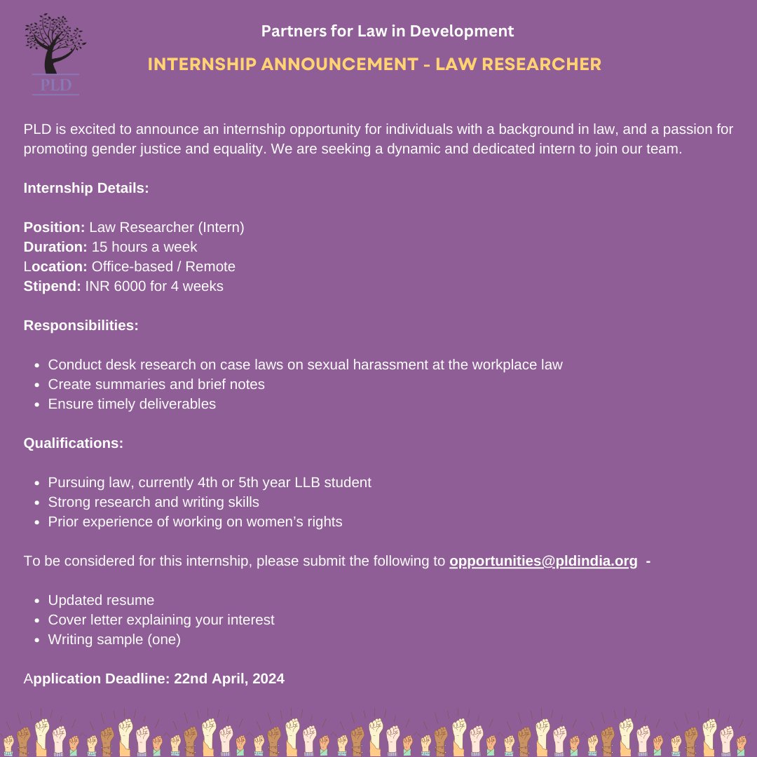 🌟 Internship Opportunity at PLD! 📚⚖️ Join us as a Law Researcher! Office based / Remote position, 15 hrs/week. Open to 4th/5th year LLB students. Stipend: INR 6000 for 4 weeks. Submit your resume, cover letter & writing sample to opportunities@pldindia.org by April 22, 2024