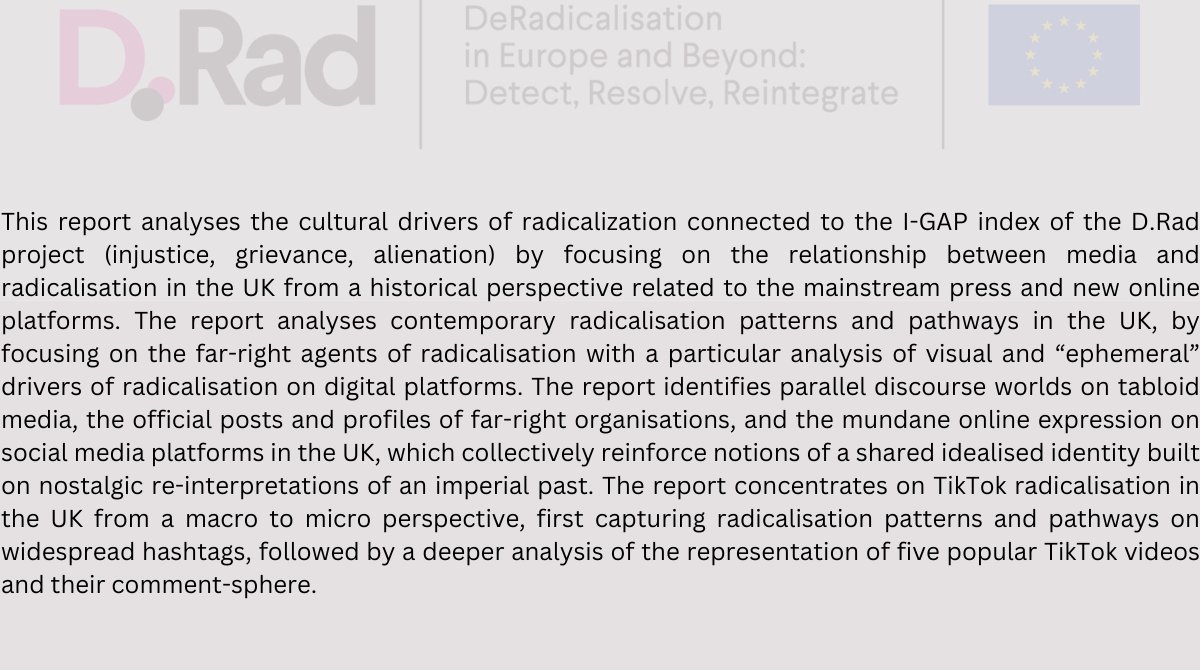 📌WP5: This work package assesses the everyday level & the mainstreaming of radical ideologies trough media & popular culture, drawing on cultural studies, digital methods & literary methodologies ➡️Read the reports here: dradproject.com/reports/d5-1-v…